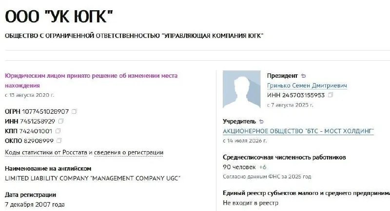 Управляющая компания холдинга перешла под управление АО «БТС‑Мост Холдинг», победившего на аукционе национализированных активов, включая долю в ЮГК.
