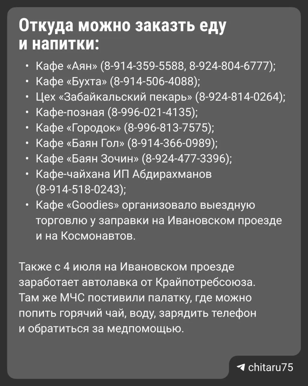 Мэр Читы сообщила адреса заведений, где можно заказать еду, пока стоишь в очереди к АЗС. ДМРСУ установило четыре туалетные кабинки, ещё два поставят позже; по адресам также появятся мусорные контейнеры. Полиция и Росгвардия контролируют порядок.