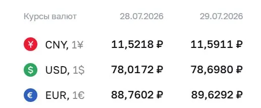 Официальный курс на 29 июля: доллар — ₽78,7, евро — ₽89,63, юань — ₽11,59. Для доллара это максимум с 8 апреля.