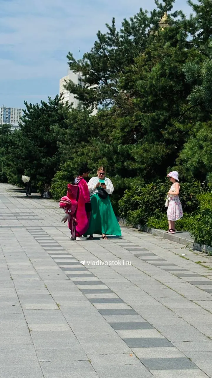 Аниматоры устроили новую фотозону на Корабельной набережной: иностранцы проходят мимо, а россияне готовы заплатить за кадр в костюме ростовой куклы.