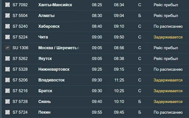 Утром 18 августа 14 рейсов в Новосибирск задержаны: задержки по прибытиям из ряда городов, включая Санкт-Петербург, Читу, Владивосток и другие. Рейсы из Минеральных Вод и Нижнего Новгорода задержаны на 11,5 и 10 часов, а рейс в Эльгу также задержан.