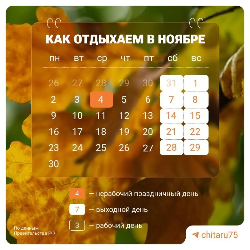 На следующей неделе рабочие дни сократятся до четырех, а 4 ноября будет отмечаться День народного единства.