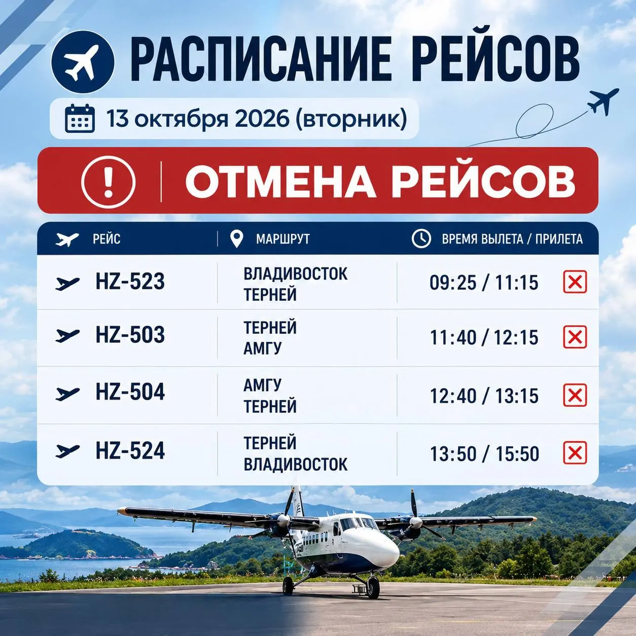 Из-за ухудшения погодных условий отменены четыре авиарейса по маршруту Владивосток — Терней — Амгу и обратно.